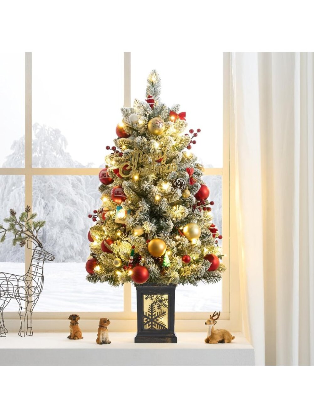 🎄3 Ft Vintage Snow Base Christmas Tree with 78 Led Lights Decoration for Home - Picture 1 of 6
